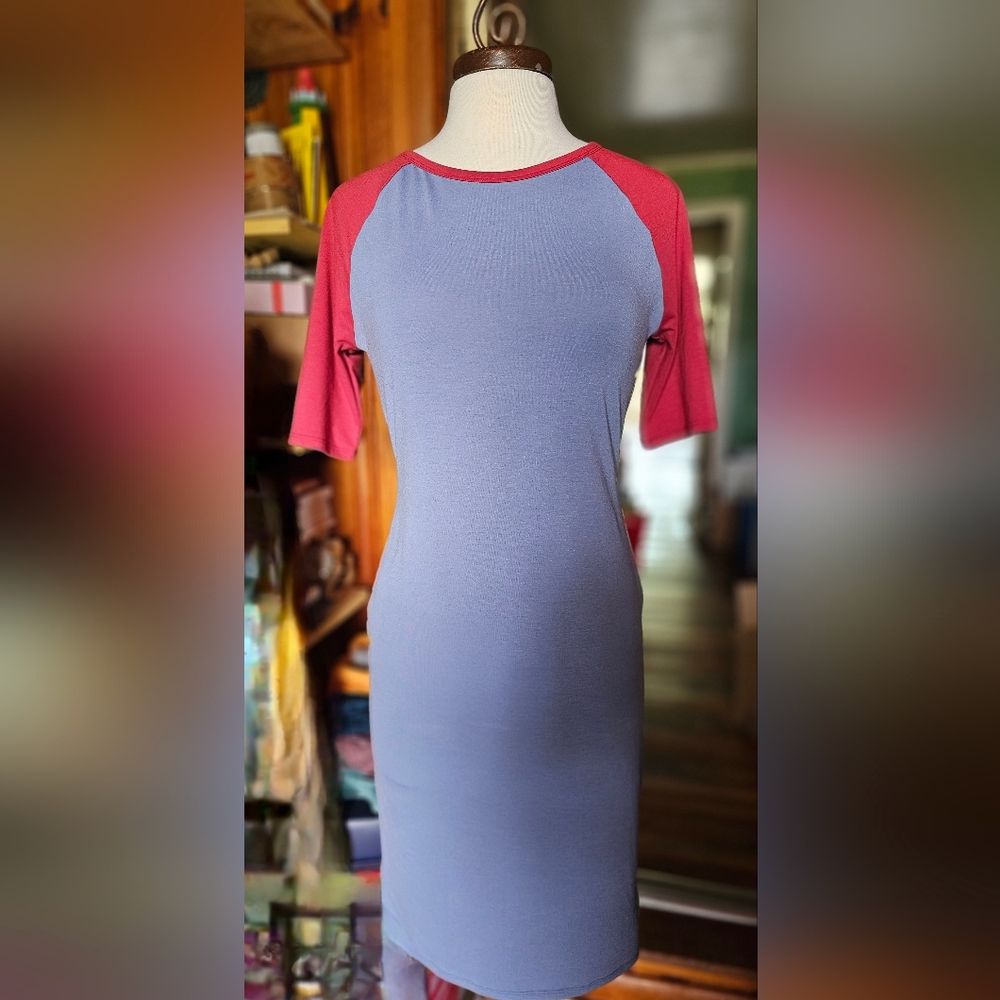 LuLaRoe Julia Fitted knee length dress Blue and Red Size Small